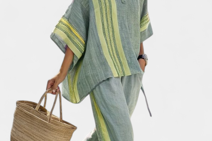 Elowric | Elegant Lavender Top & Mustard Striped Pants