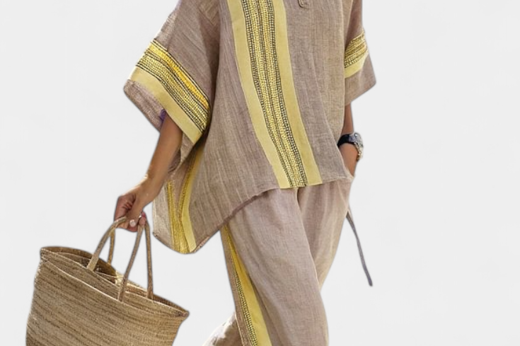 Elowric | Elegant Lavender Top & Mustard Striped Pants