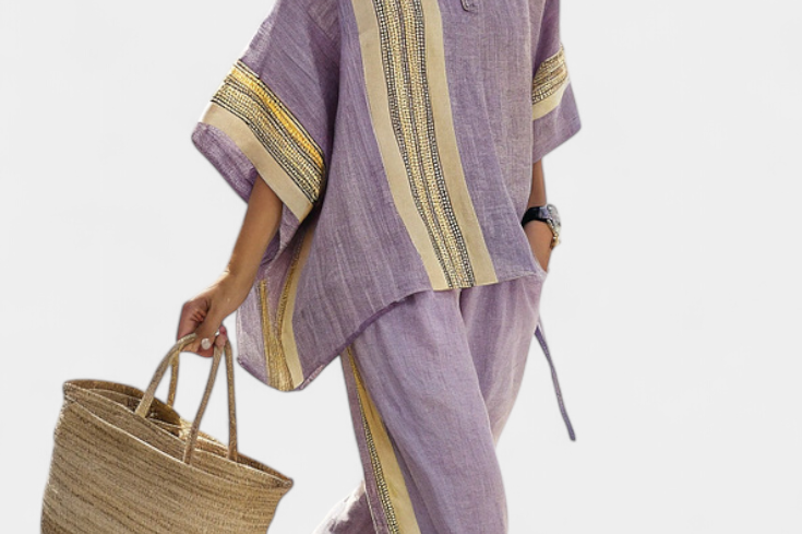 Elowric | Elegant Lavender Top & Mustard Striped Pants