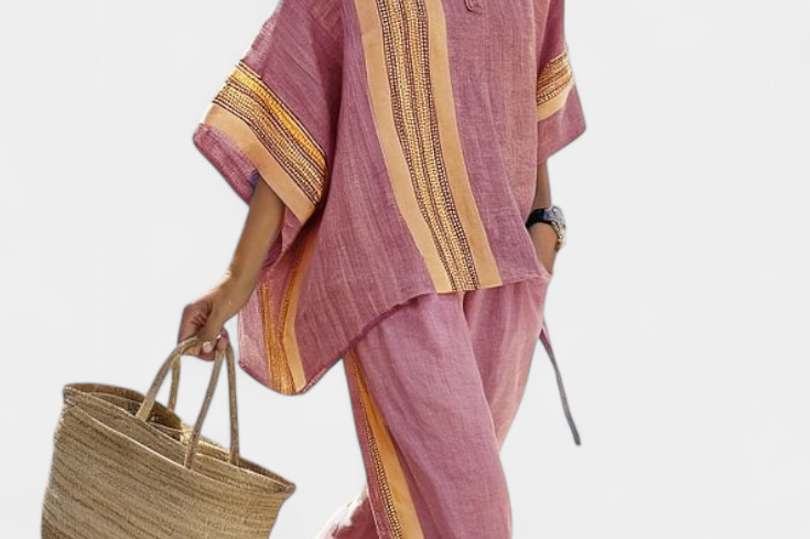 Elowric | Elegant Lavender Top & Mustard Striped Pants