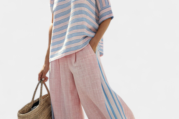 Virella | Elegant Pink-Blue Linen Blouse & Soft Pants