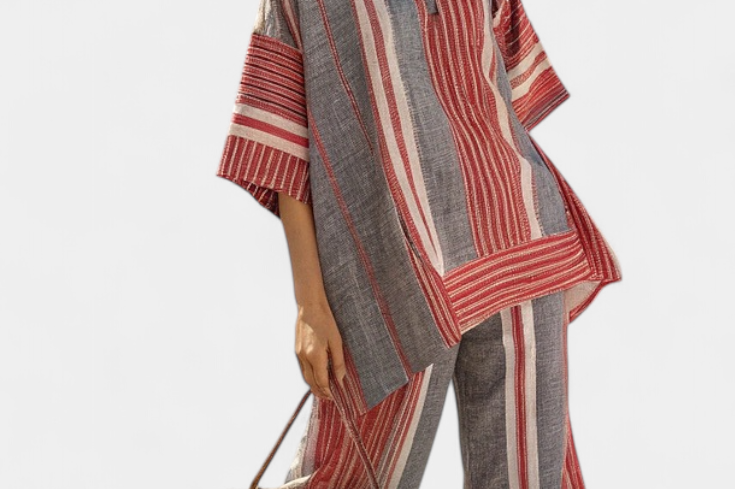 Bravine | Elegant Coral-Gray Linen Top & Wide-Leg Pants