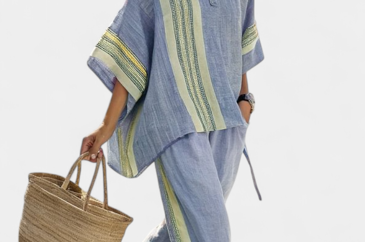 Elowric | Elegant Lavender Top & Mustard Striped Pants