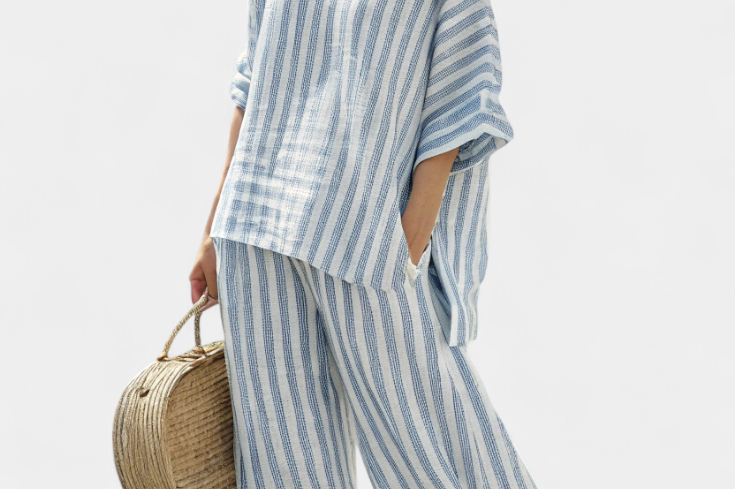 Rensleigh | Sophisticated Blue Striped Linen Top & Relaxed Pants