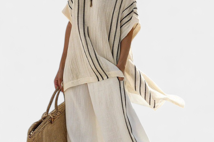 Greysen | Elegant Ivory Linen Blouse & Black Striped Pants
