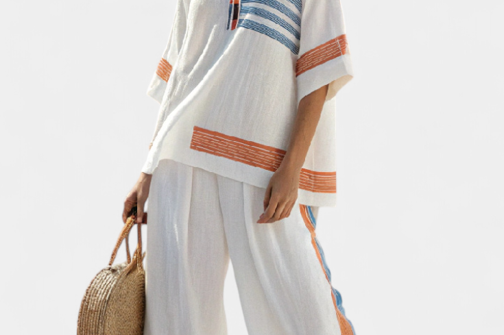Marcellin | Sophisticated Blue-Orange Striped Top & Pants