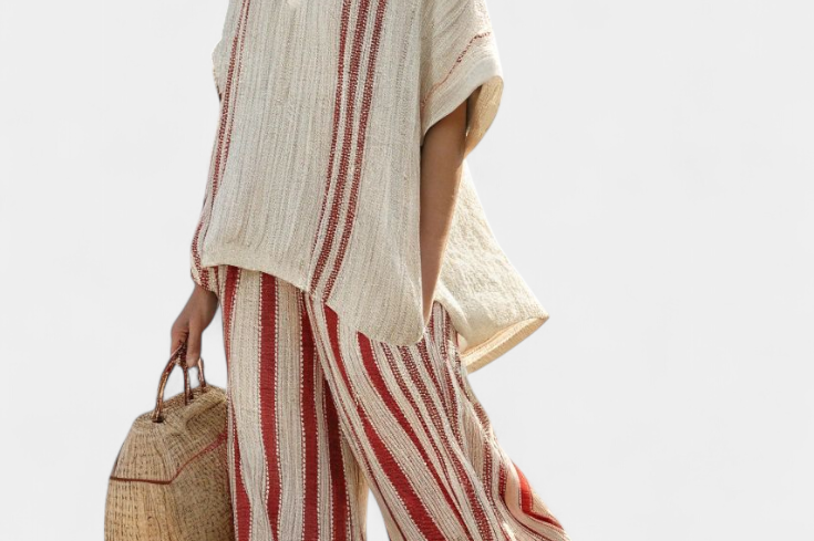 Mirella | Sophisticated Textured Red-Stripe Top & Linen Pants